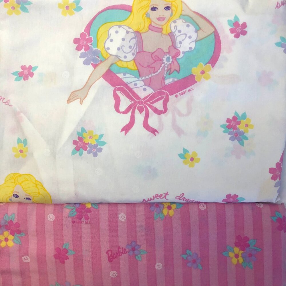 Vintage 90s Barbie Bedsheets Twin Set (Flat + Fitted) 1997 Sweet Dreams Ribbons - Picture 1 of 15